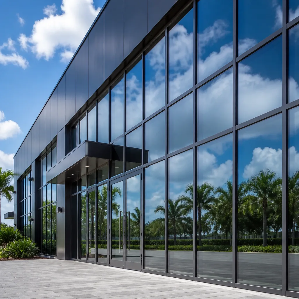 Modern commercial building exterior with sleek custom windows and glass entrance doors in Hollywood, FL