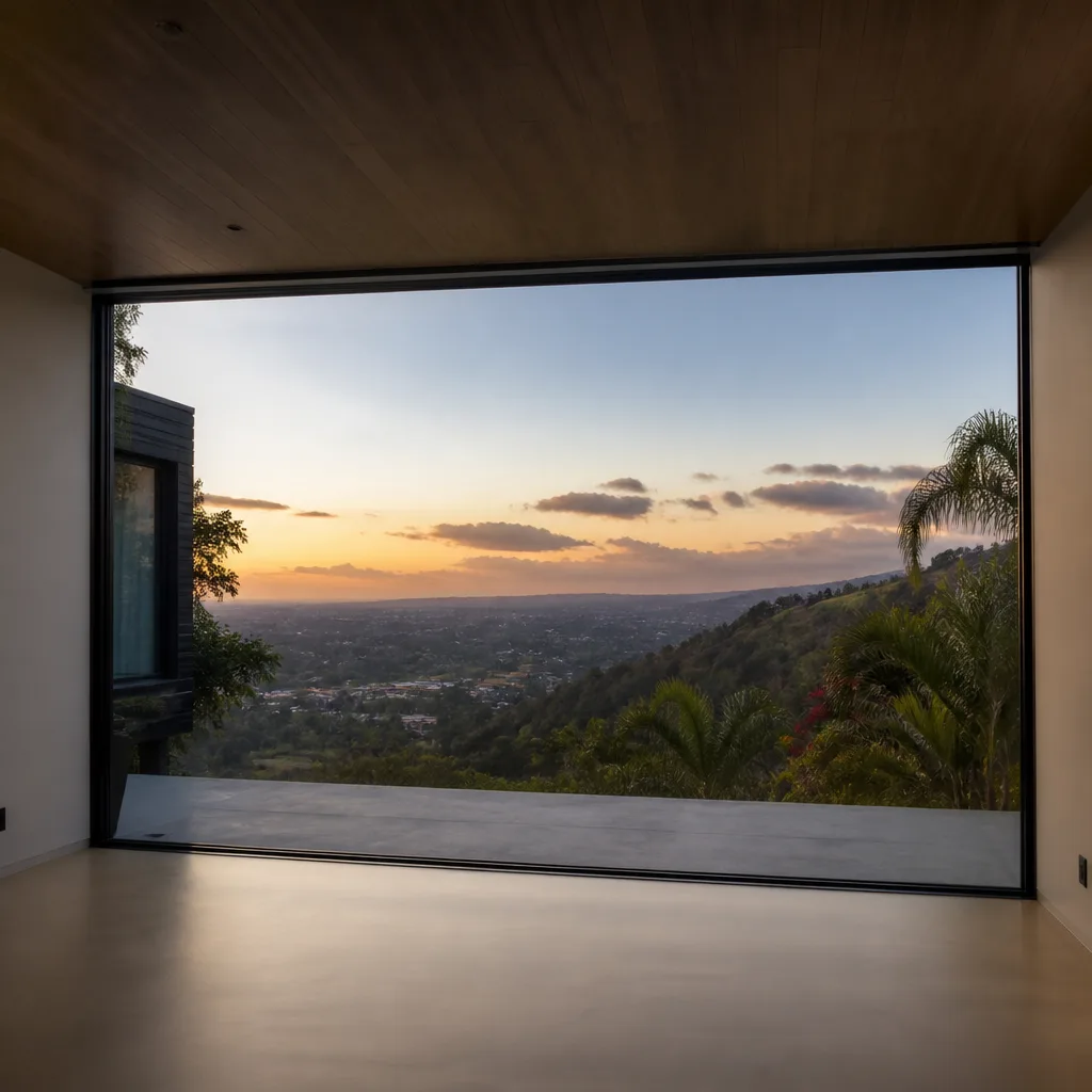 Minimalist room with floor-to-ceiling glass wall overlooking a valley sunset in Hollywood, FL