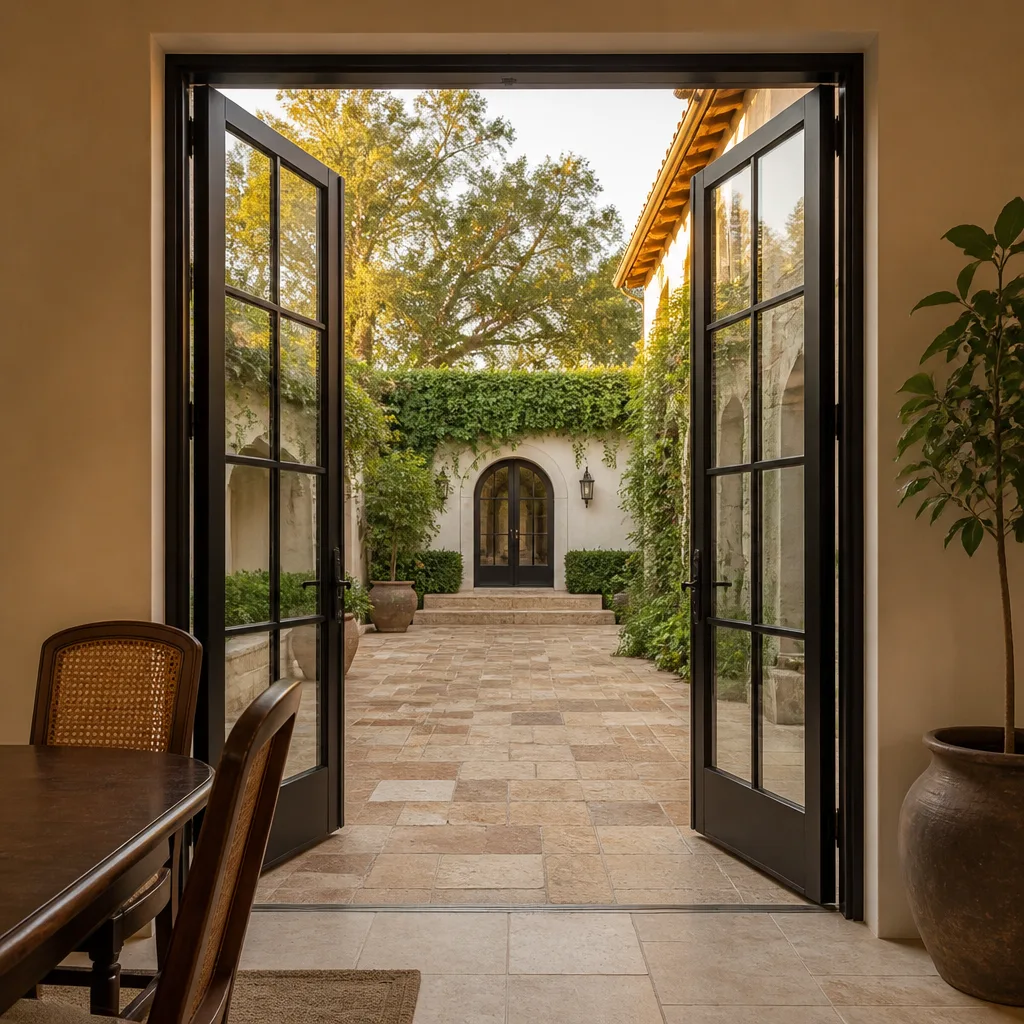 Custom black French door installation overlooking a beautiful outdoor patio courtyard. in Hollywood, FL