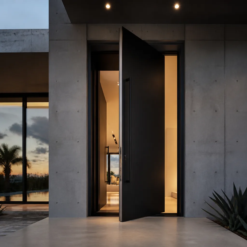 Modern oversized black pivot front door installed in contemporary concrete home in Hollywood, FL