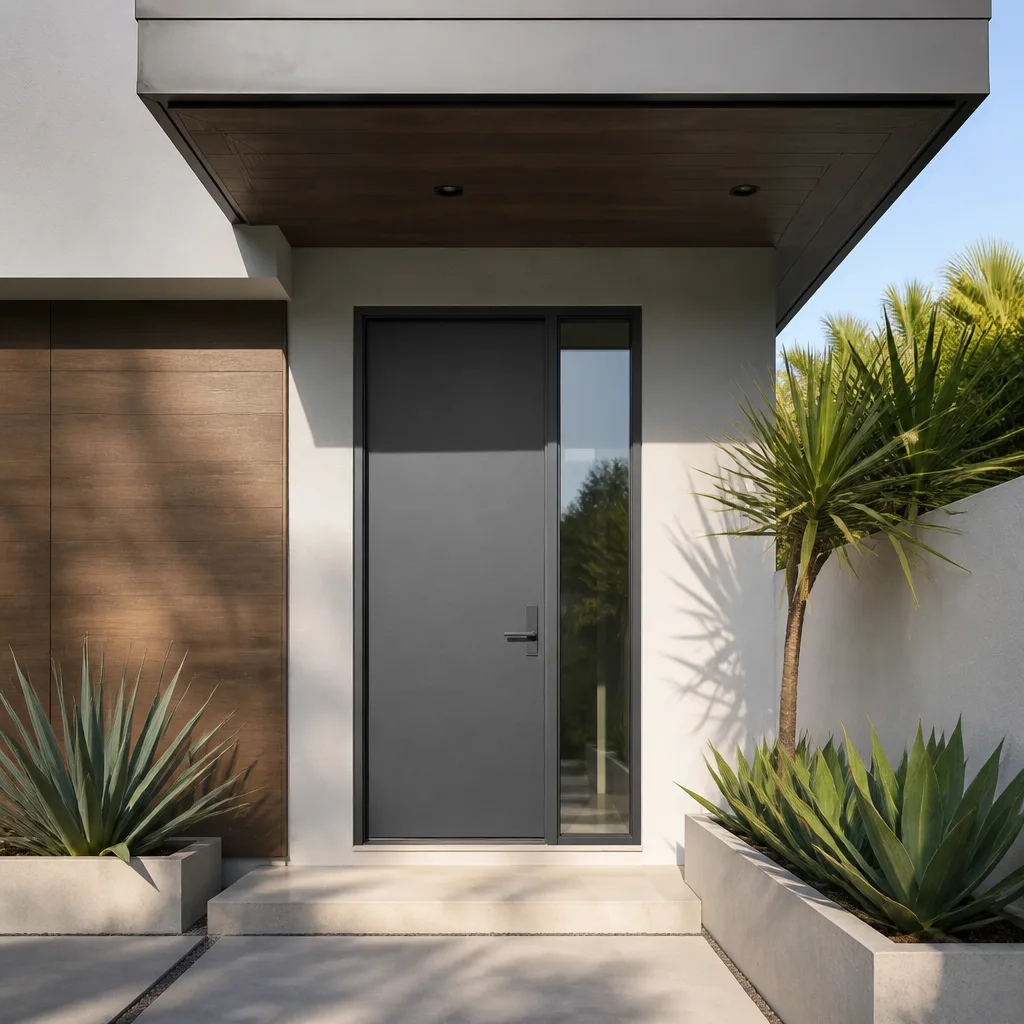 Modern charcoal front door installation with glass sidelight in contemporary entryway