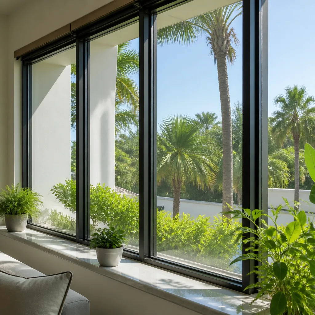 Energy-efficient large windows showing a view of tropical palm trees in Hollywood, FL