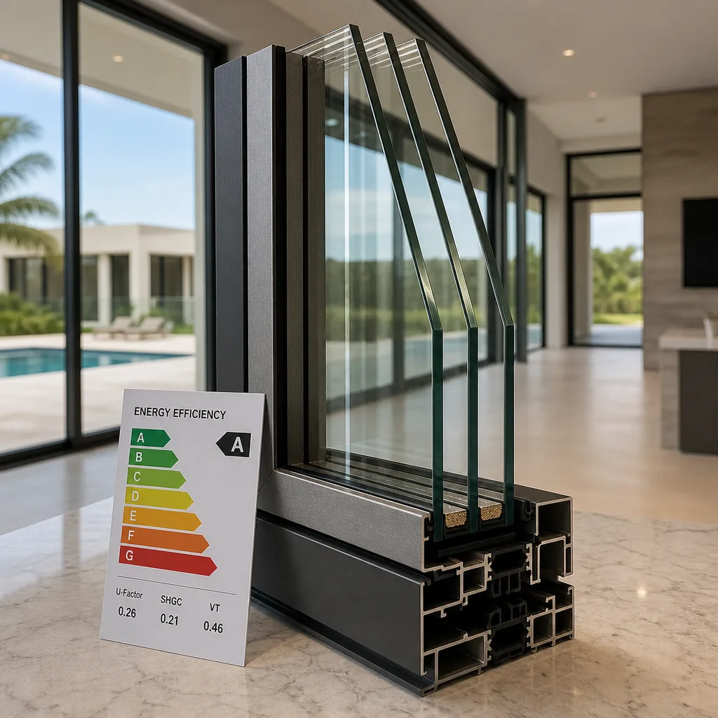 Cross-section of triple-pane energy-efficient window showing insulated frame and glass technology. in Hollywood, FL
