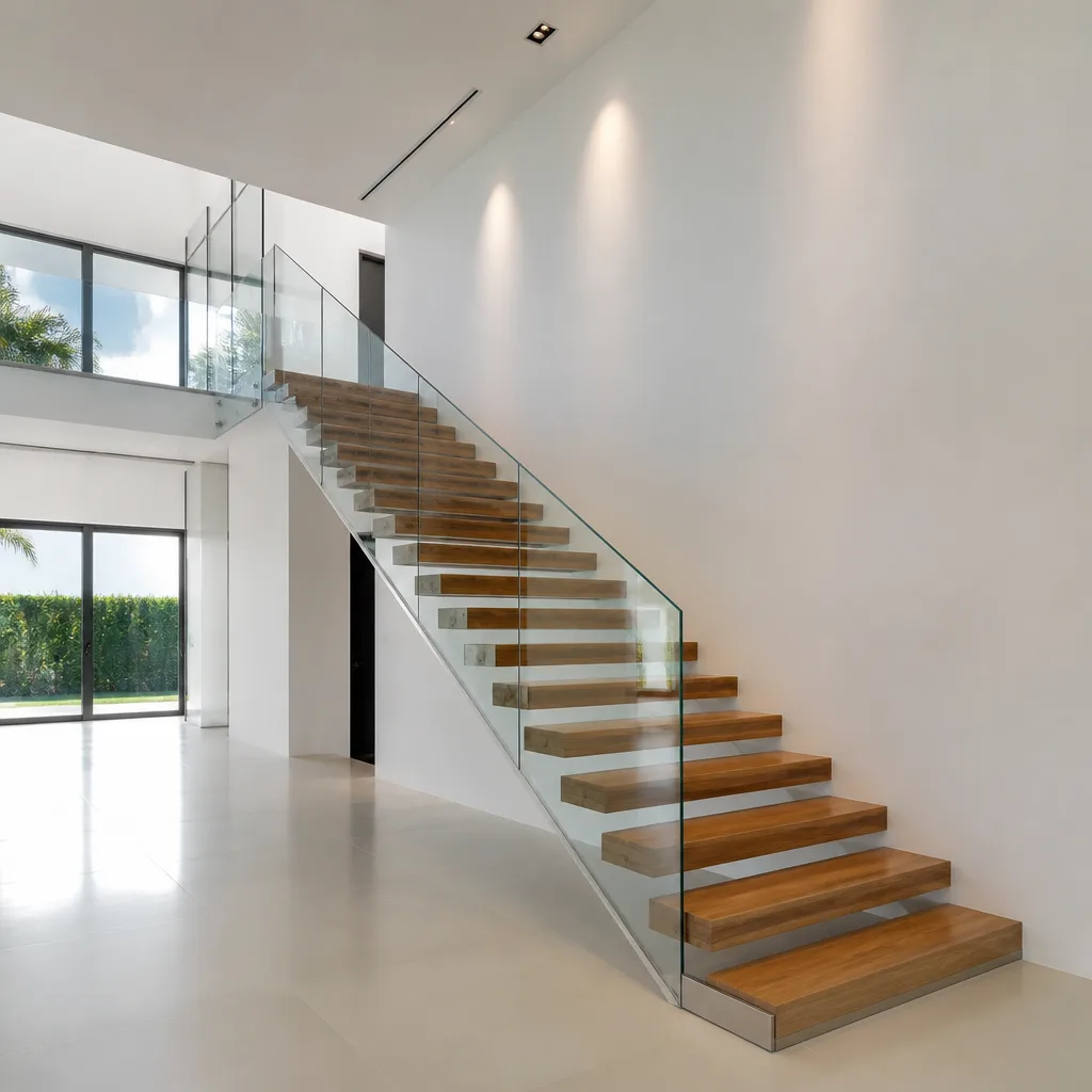 Modern wooden staircase with frameless glass railing system in luxury interior in Hollywood, FL