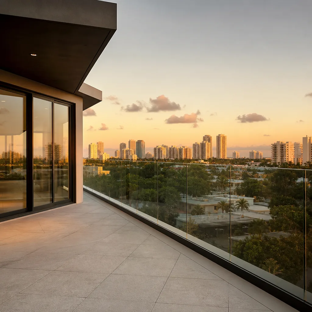 Modern balcony with minimalist glass railing system at sunset in Ojus, FL