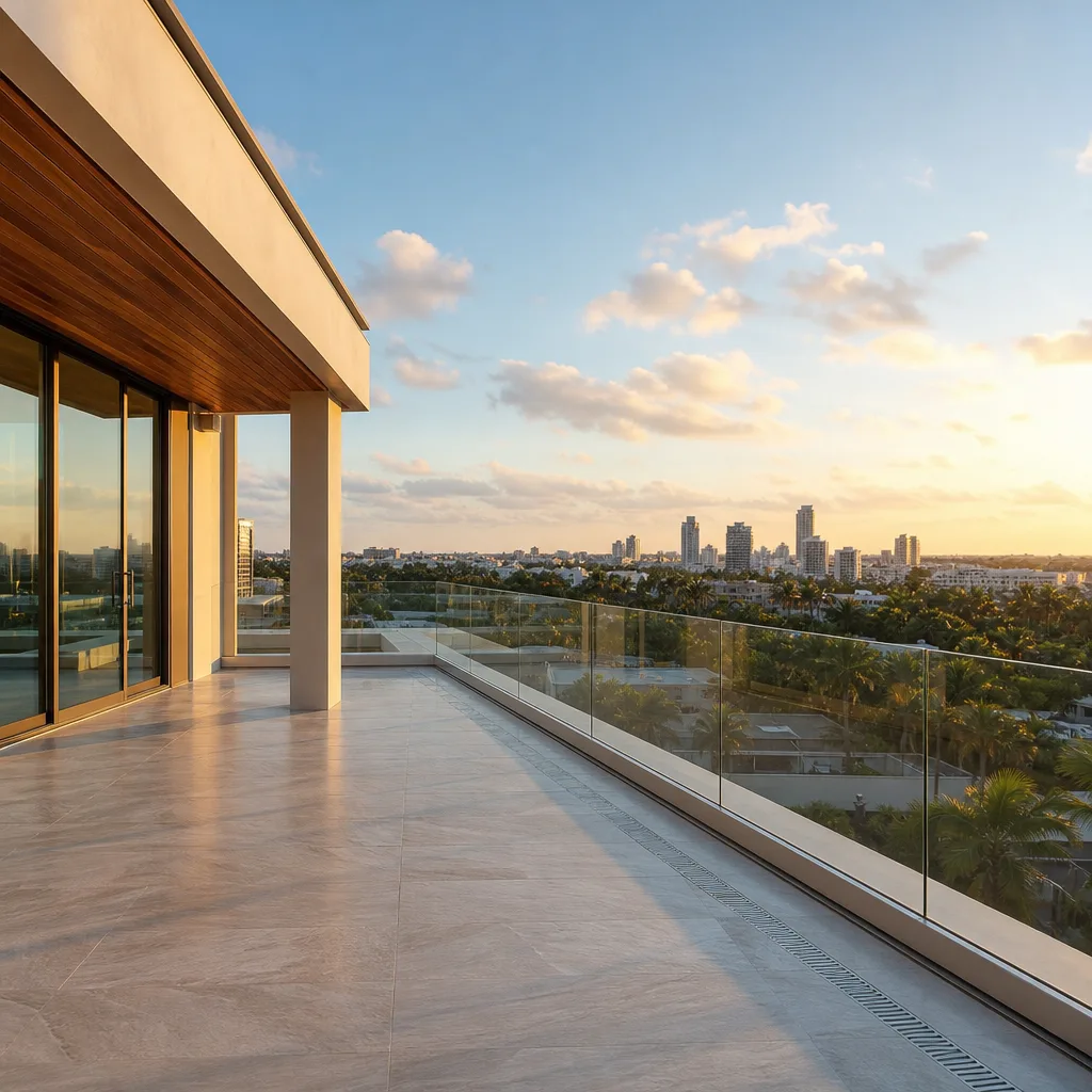 Modern balcony featuring premium architectural glass railing systems at sunset in Hollywood, FL