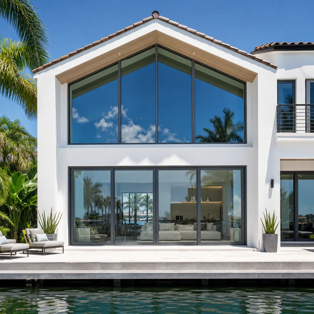 Modern home with large floor-to-ceiling impact-resistant glass windows and doors in Hollywood, FL