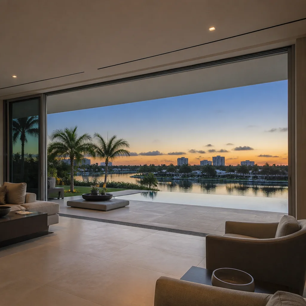 Luxurious living room with expansive floor-to-ceiling sliding patio doors in Hollywood, FL