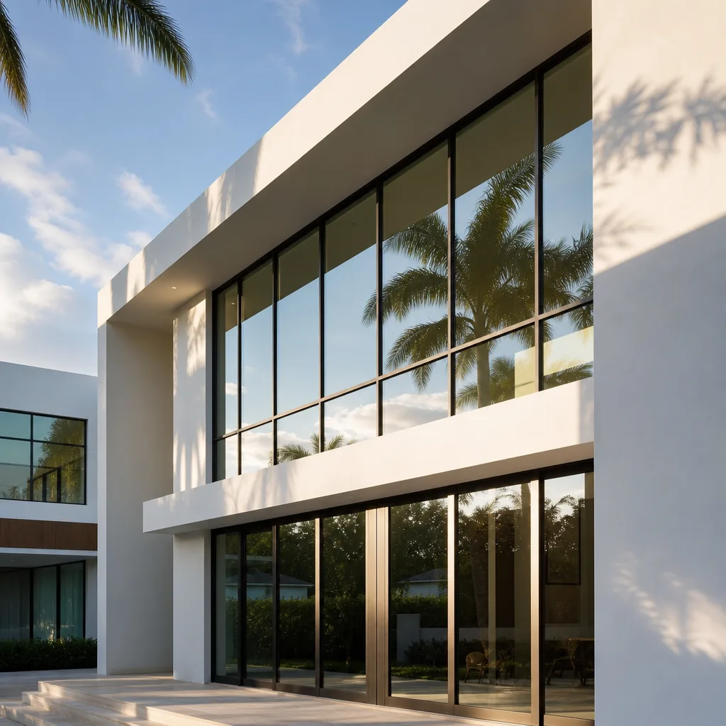 Modern luxury home exterior with professional floor-to-ceiling window and door installation.