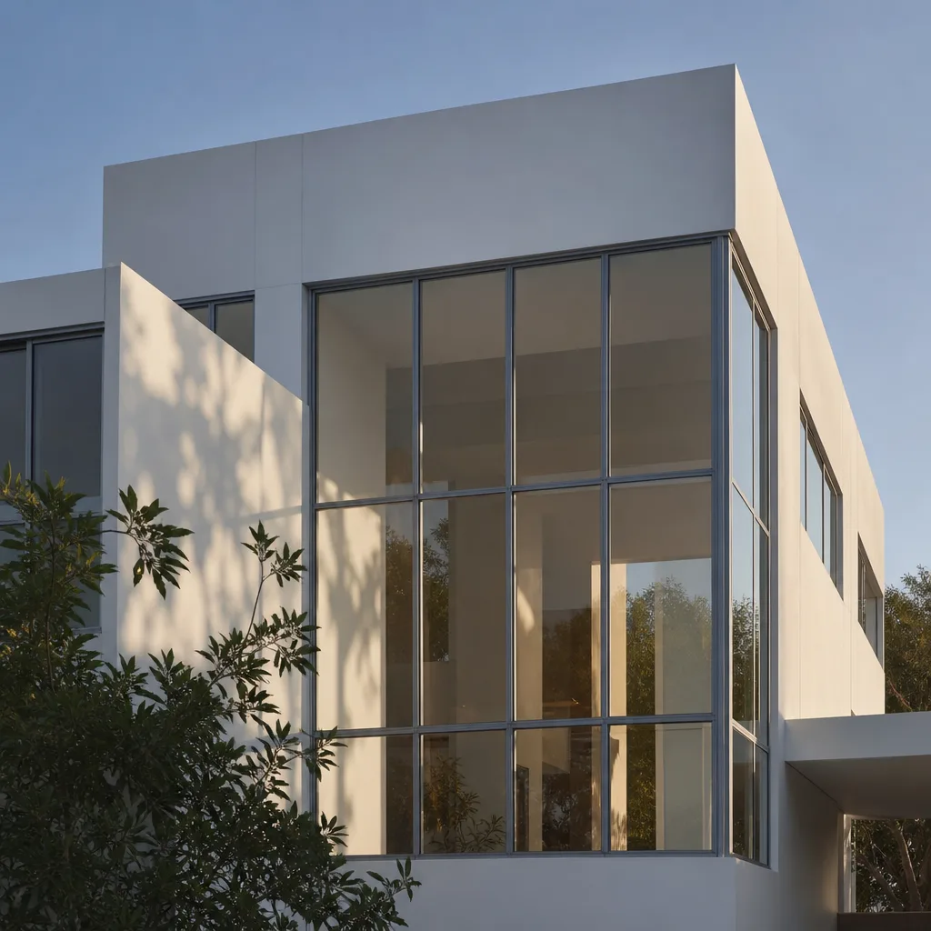 Modern building exterior with large custom glass window and door installation. in Hollywood, FL