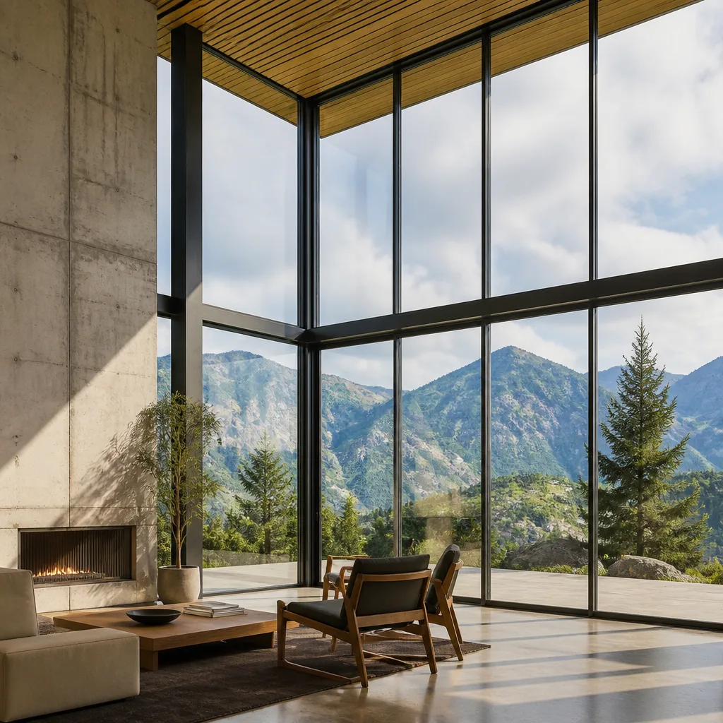 Modern floor-to-ceiling residential window installation in a luxury mountain home