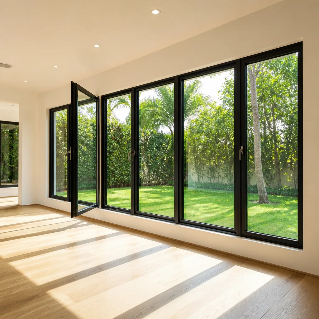 Modern interior room featuring large black framed casement windows overlooking garden