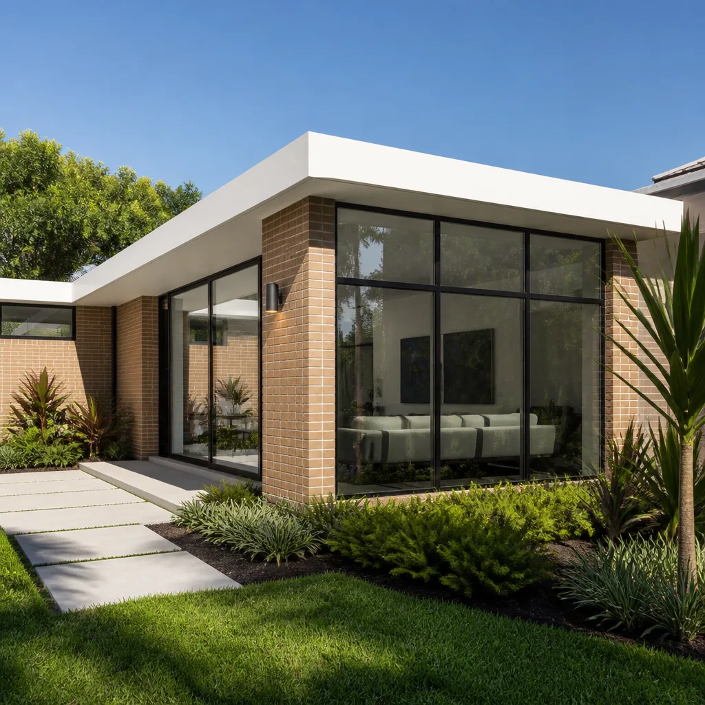 Modern home exterior with large glass windows and doors installed. in Hollywood, FL